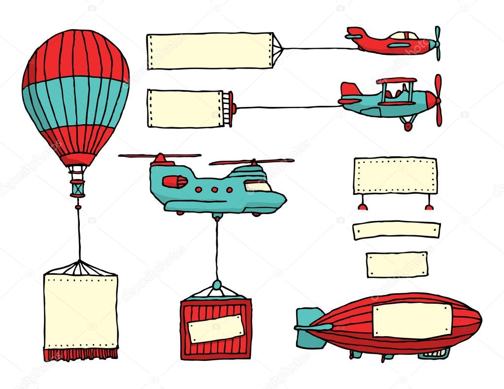 Cartoon set of air vehicles with banners
