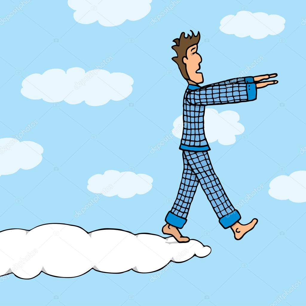 Somnambulant guy walking on cloud