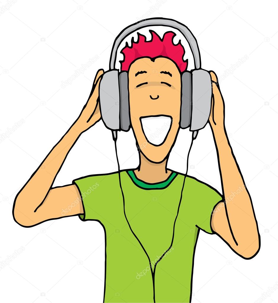 Guy listening music on huge headphones Stock Illustration by