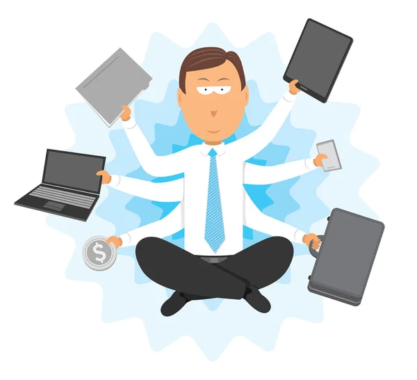 Uomo d'affari multitasking con più braccia — Vettoriale Stock