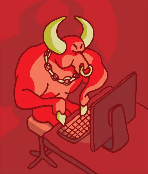 Bull in front of the computer cyber bullying — Stock Vector