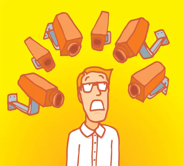 Man surrounded by surveillance cameras — Stock Vector