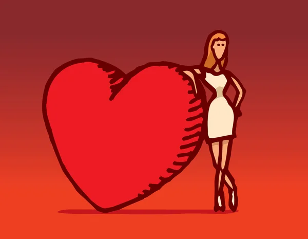 Mujer apoyada en enorme corazón de San Valentín — Vector de stock