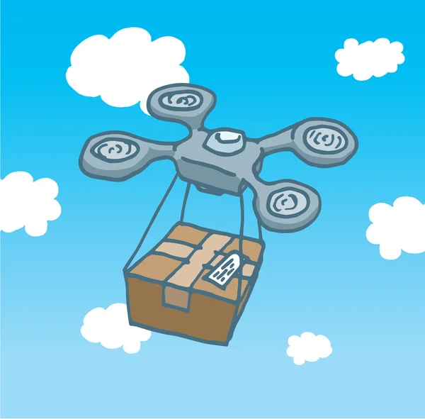 Drone copter flight delivering a box — Stock Vector