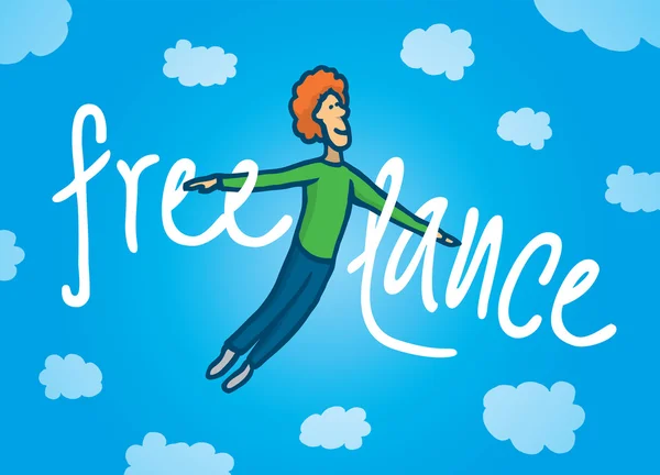 Feliz hombre freelance volando — Vector de stock