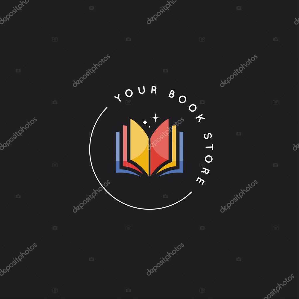 Book logo or open book store on black background 10 eps