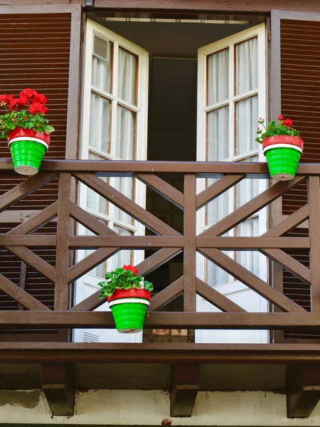 Cozy Wooden Balcony Dark Brown Colour Double Doors Shutters Vibrant — Stock Photo, Image
