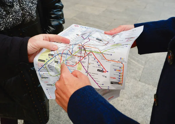 Madrid Spain November 2021 Male Hand Pointing Metro Map City — Foto de Stock