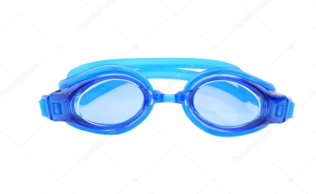 Blue swimming goggles on white background.