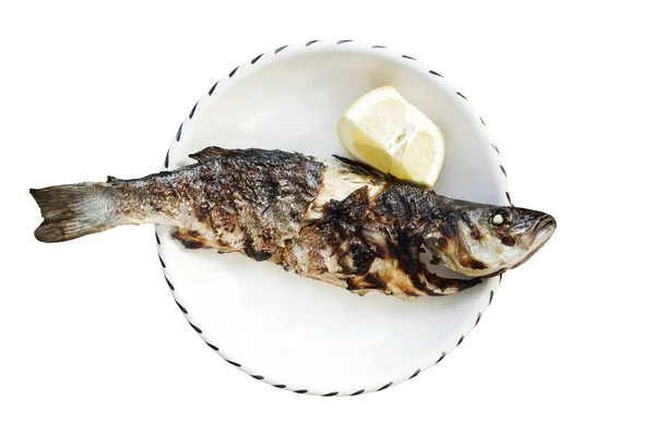 Freshly Grilled Fish Plate Lemon Isolated — Stock Photo, Image