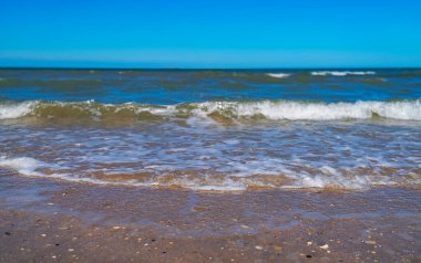 Image with waves of sea and wet sand on beach day.