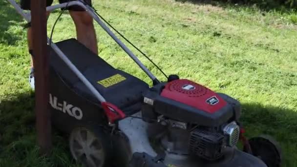 Gardener Mowing Grass Gasoline Lawn Mower September 2021 Ternopil Ukraine — Stock Video