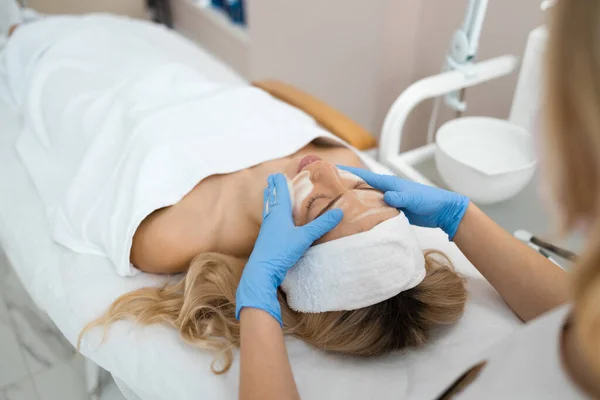 Woman Hands Applying Rejuvenating Cleaning Facial Foam Mask Lifting Massage — Foto de Stock