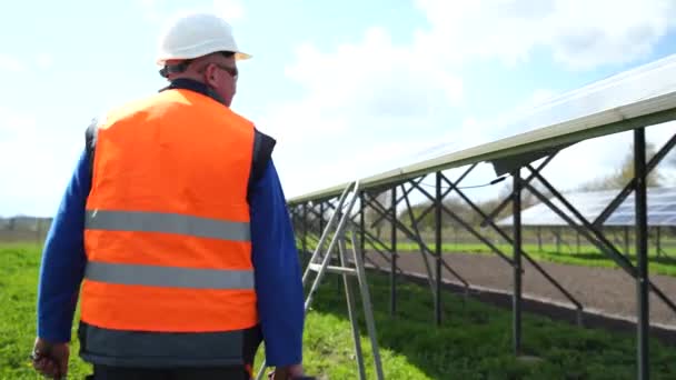Professional Worker Solar Farm Maintains Panels — Video Stock