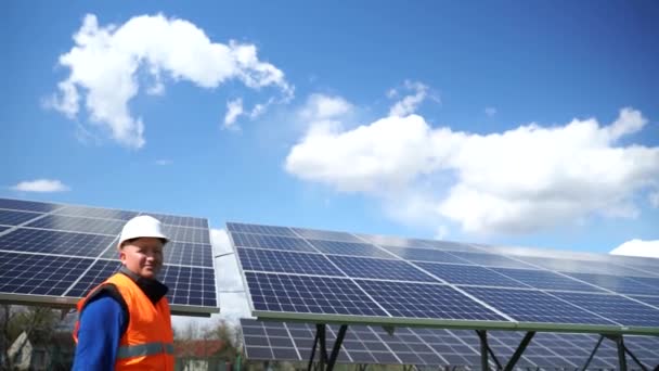 設置太陽光パネル付近の均一な歩行における太陽光発電所技術者の側面図 — ストック動画