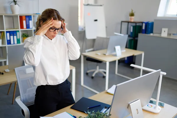 Mature Tired Business Woman Headache Office Overworked Female Employee Holding — Stock Photo, Image
