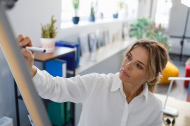 Business woman writing on a magnetic flipchart