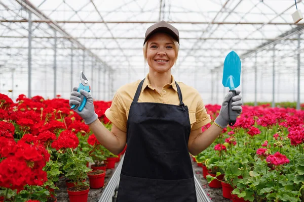 Woman Florist Pruner Garden Hand Trowel Greenhouse — Stockfoto