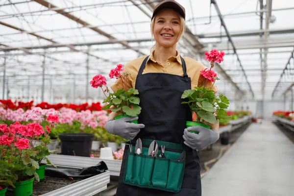 Portrait Woman Flowers Pots Greenhouse — Stockfoto