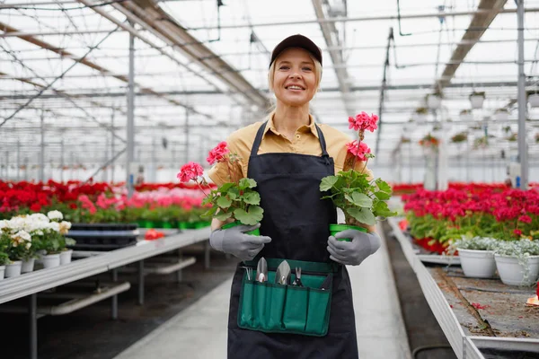 Pretty Caucasian Woman Flowers Her Hands Greenhouse — Stockfoto