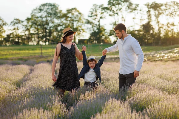 Happy Family Having Fun Child Lavender Field — Φωτογραφία Αρχείου