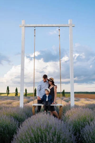 Happy Family Swinging Son Swing Lavender Field — Stockfoto