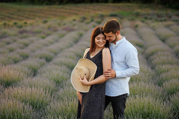 Beautiful Couple Man Woman Hugging While Standing Middle Lavender Field — Stockfoto