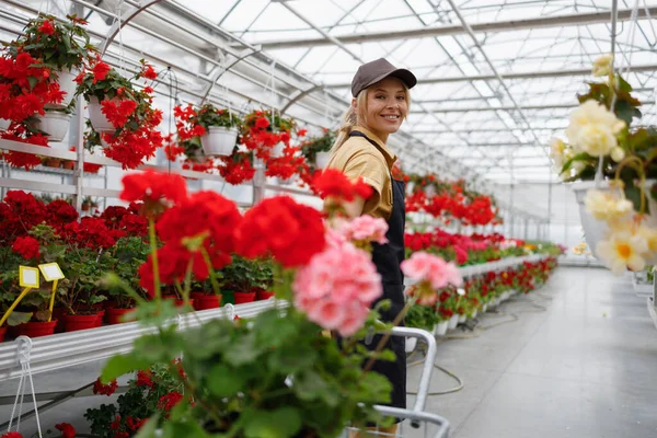 Pretty Woman Florist Work Uniform Cart Greenhouse — Stockfoto