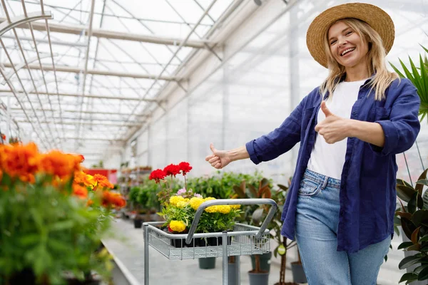 Woman Basket Flowers Showing Thumbs Rejoicing Shopping Greenhouse — Foto de Stock