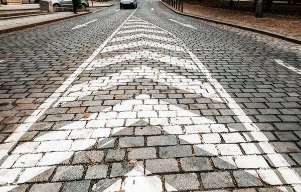 Selektiver Fokus Auf Weiße Fahrbahnmarkierungen Auf Einer Steinstraße — Stockfoto