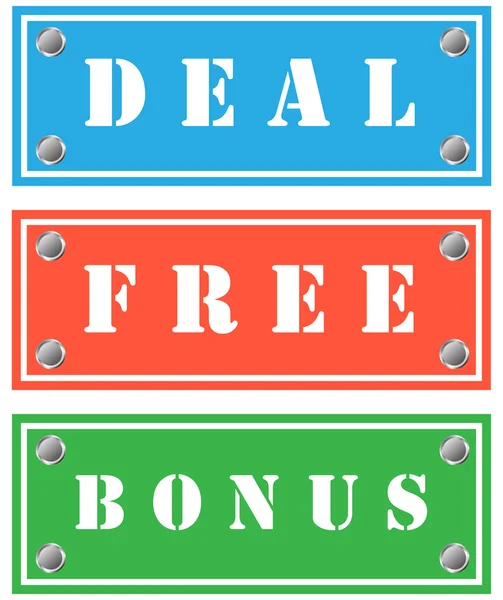 Anlaşma, ücretsiz ve bonus kartonlar, dükkanlar için etiketleri — Stok Vektör