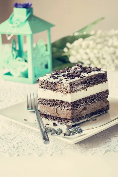 Chocolate cake. musse and chantilly cream — Stock Photo, Image