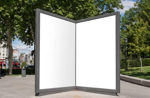 Outdoor mockup of a blank information posters on the sidewalk, empty vertical street banners templates ; billboard placeholder mock-up on a city boulevard in an alleyway outdoors