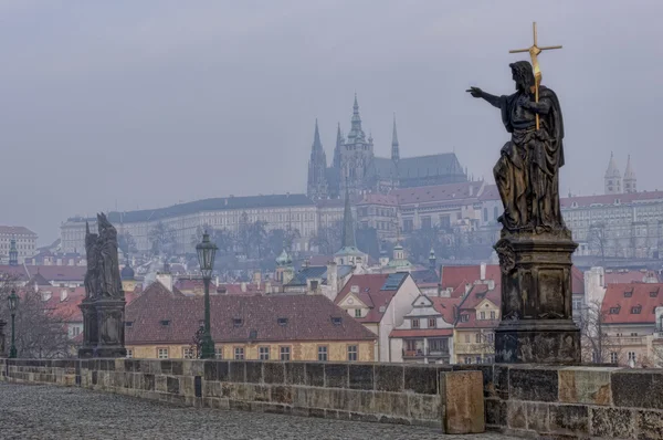 Charles Bridge in Prague with fog — Stock Photo, Image