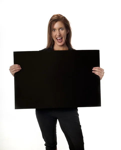 Woman holding sign very happy. Stock Picture