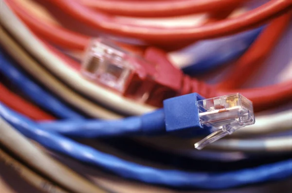 Bundle of red and blue computer cat 5 network cables