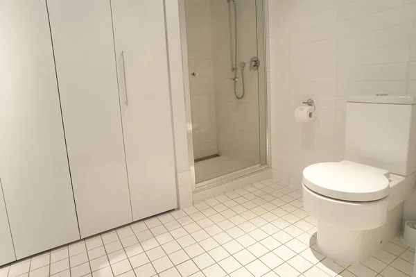 Monochromatic white bathroom interior with a white toilet, cabinets and shower cubicle over a white tiled floor