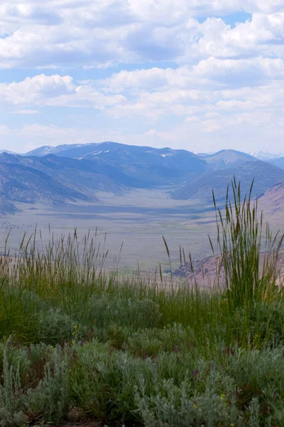 looking down from a mountain side into a green valley in the sierra navada mountains, california