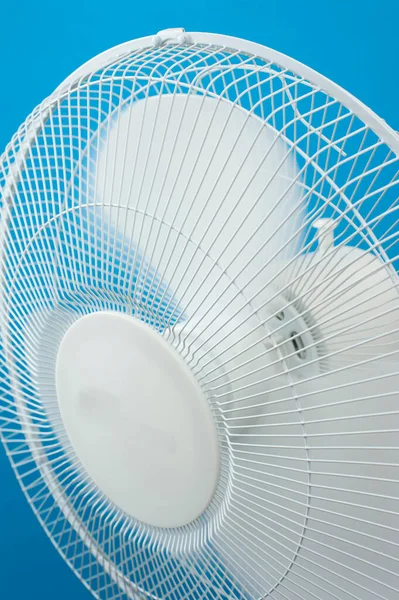 Close up of the head of a cooling fan with white blades and a protective metal grill for keeping cool in the summer heat