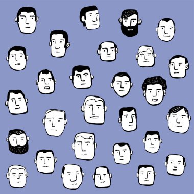 Siyah saçlı beyaz adamların çizimleri ve detaylar..