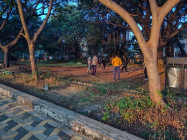 Kolhapur, Hindistan - 5 Aralık 2020; 15-25 yaş aralığındaki Hintli çocukların parlak güneş ışığı altında bahçede futbol oynamalarının resmi. Fotoğraf Rankala Garden Kolhapur, Mahrashtra 'da çekildi.