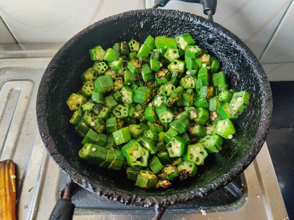 Stock Photo Fresh Green Cut Lady Fingers Okra Pisces Cooking — Stockfoto