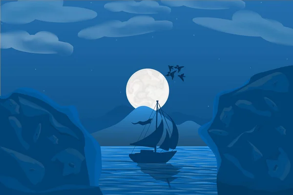 Vector art of blue shaded scenic sea landscape with full white moon, flying birds, shining stars, sailing boat, sea water with mountains.
