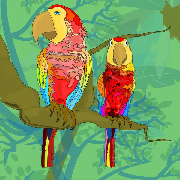 Όμορφη Διανυσματική Τέχνη Δύο Scerlet Macaw Πολύχρωμο Παπαγάλοι Κάθεται Κλαδί — Διανυσματικό Αρχείο