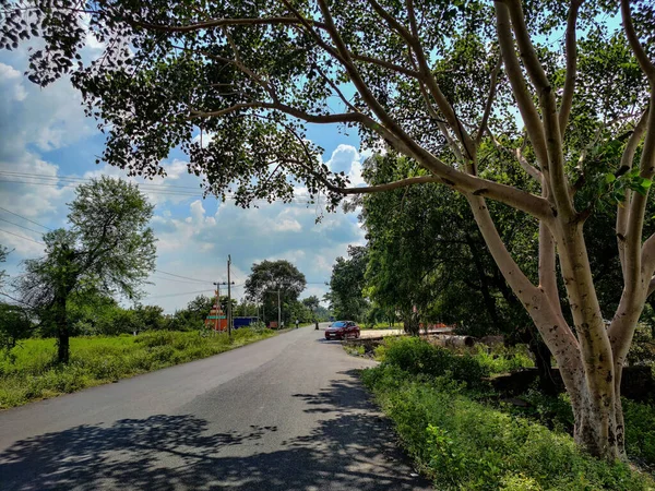 Kırsal alana bağlı asfalt yolun manzaralı manzarası, büyük ağaçlarla kaplı yol. Çiftlik arazisiyle çevrili yol, çiftlikteki küçük Hindu tapınağı. Araba parlak güneş ışığı altında ilerliyor..