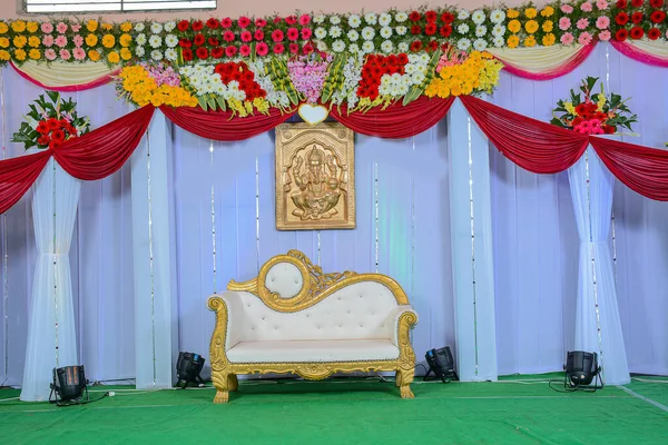 Stock Photo Beautifully Decorated Wedding Stage Background Covered White Silk — Stockfoto
