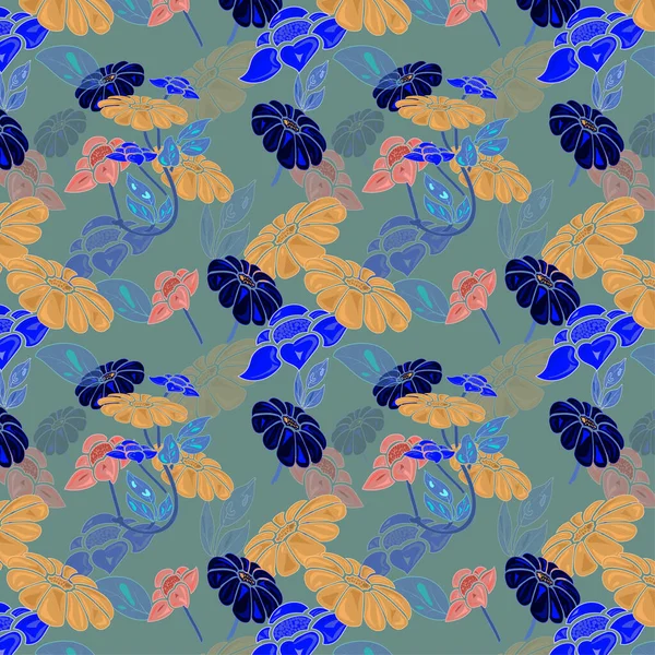 Seamless Floral Pattern Oxford Blue Earth Yellow Color Daisy Flower — Stockvector
