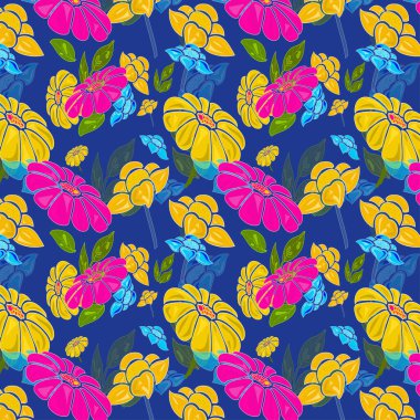 Moda fuşya çiçeğinin kusursuz deseni, yeşim rengi papatya çiçeği ve canlı gökyüzü mavisi, avokado rengi nergis çiçeğinin koyu mavi rengi arka planda. tekstil tasarımı, duvar kağıdı, kart 