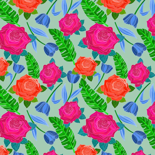 Seamless pattern of rubine red and scarlet color roses , dark cornflower blue tulip flower with Ao English color  banana leaf on Cambridge blue color background. Beautiful textile design, wallpaper.
