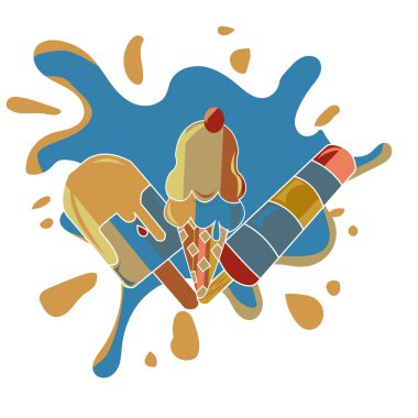 Vector set of blue NCS, Indian yellow, rufous, cadet , Windsor tan color ice candy, cone ice cream and  milk ice candy with ice cream splash on background. textile design, wallpaper, advertisement.